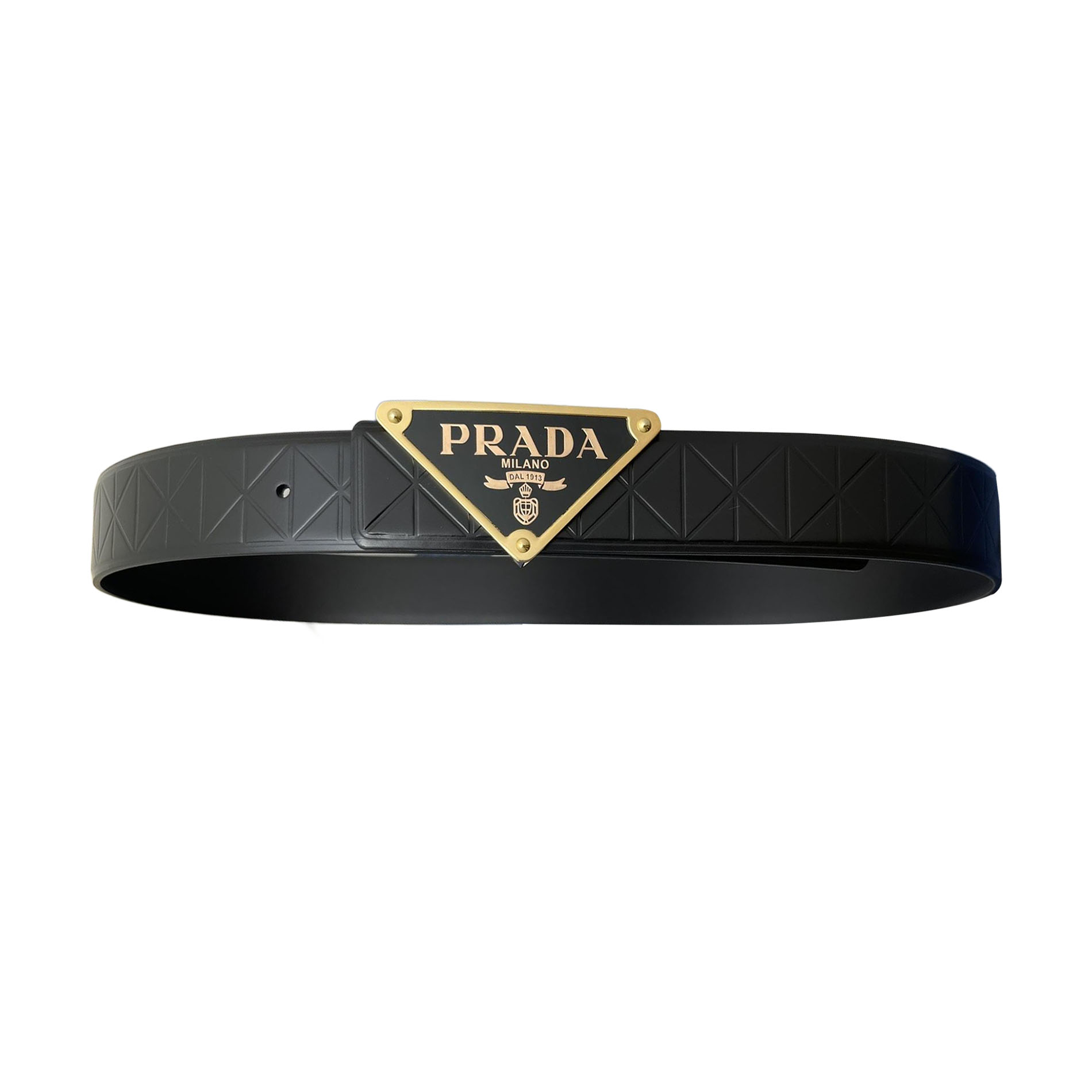 Cinto Prada Masculino com Fivela Triangular em Couro Bezerro Preto com Ferragens Douradas/Prateadas/Pretas 35mm