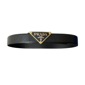 Prada Men' s Triangled Buckle Belt In Black Calfskin With Gold/Silver/Black Hardware 35mm