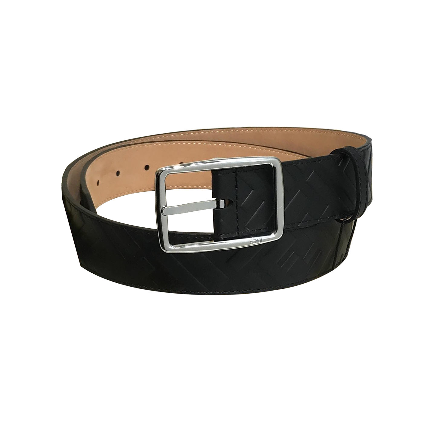 Cinto Masculino Fendi Retangular com Fivela em Couro Bezerro FF Preto e Hardware Dourado/Prateado 35mm