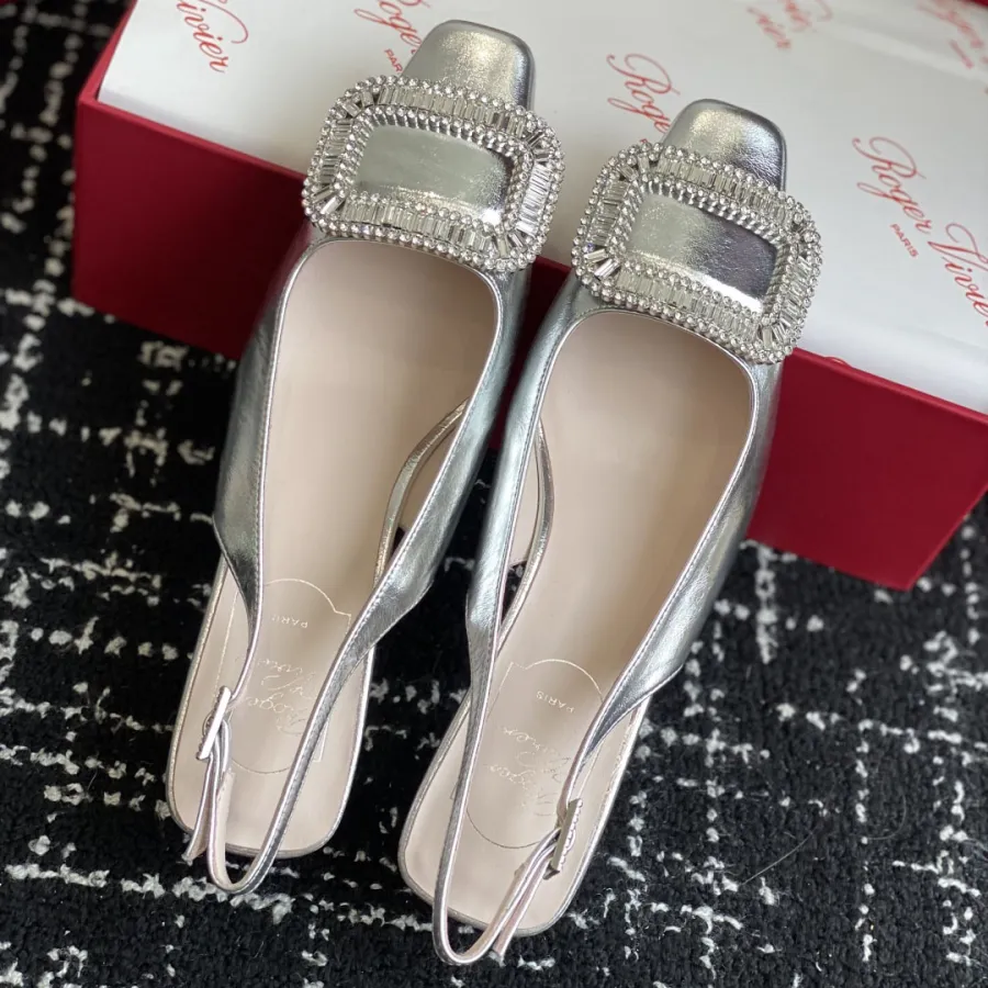 Roger Vivier Belle Viver Slingback Pumps High Heels In Silver Calfskin Leather With Crystal Buckle (Heel Height 4.5cm)