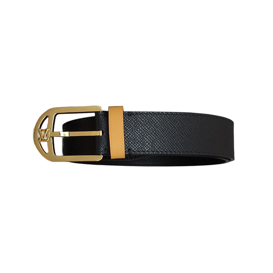 Cinto Masculino Timeless Germain da Louis Vuitton em Pele de Bezerro Preta com Ferragens Douradas/Prateadas/Preta Fosca 35mm