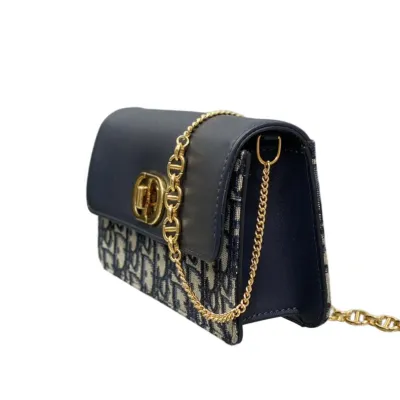 Dior Miss Caro Pouch with Chain In Blue Dior Oblique Jacquard and Smooth Calfskin Gold Hardware