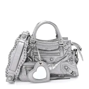 Balenciaga XS Crystal Neo Cagole Handbag Silver Agneau Arena Leather Silver Hardware