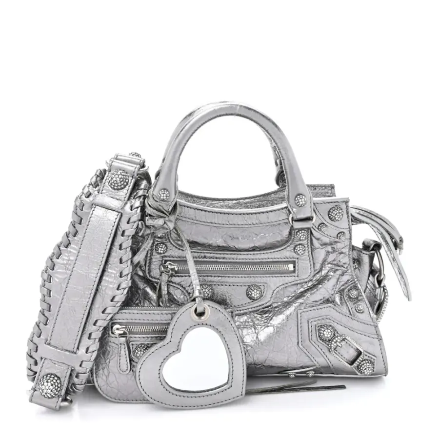 Balenciaga XS Crystal Neo Cagole Handbag Silver Agneau Arena Leather Silver Hardware