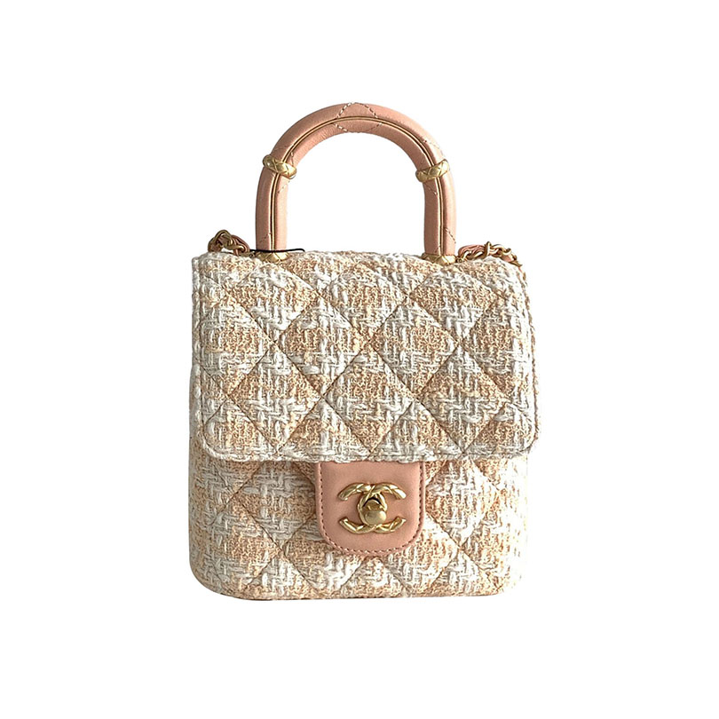 Bolsa transversal Chanel estilo caixa em tweed xadrez laranja com detalhes em amarelo/rosa/verde