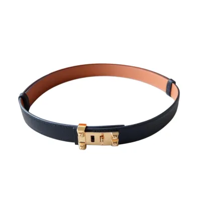 Hermès Women' s Long Square Buckle Belt In Black/Brown Calfskin With Gold Hardware 24mm