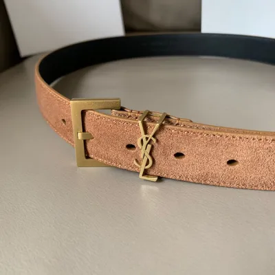 Saint Laurent Cassandre Belt In Brown Suede Leather With Gold Hardware 30mm