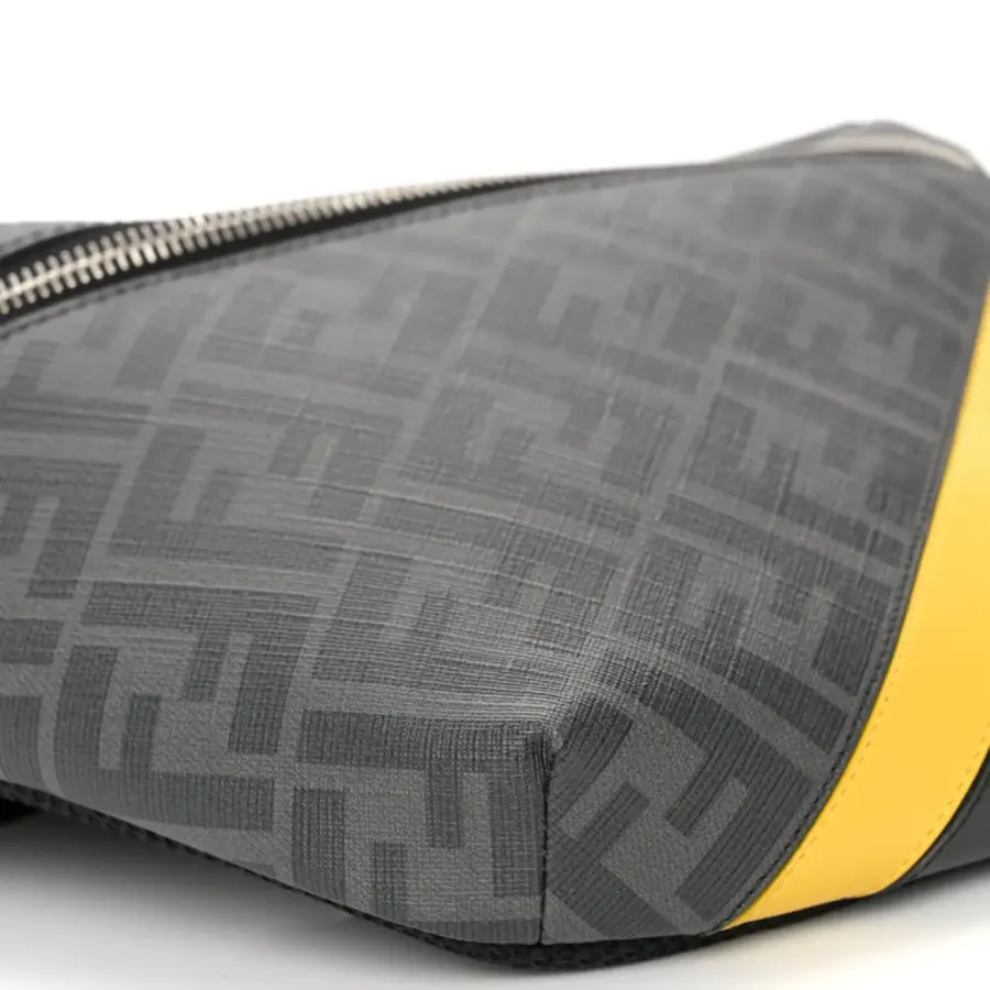 Fendi Century Logo FF 1974 Diagonal Belt Bag Black/Sunflower Glazed Fabric & Liberty Vitello Leather Silver Hardware