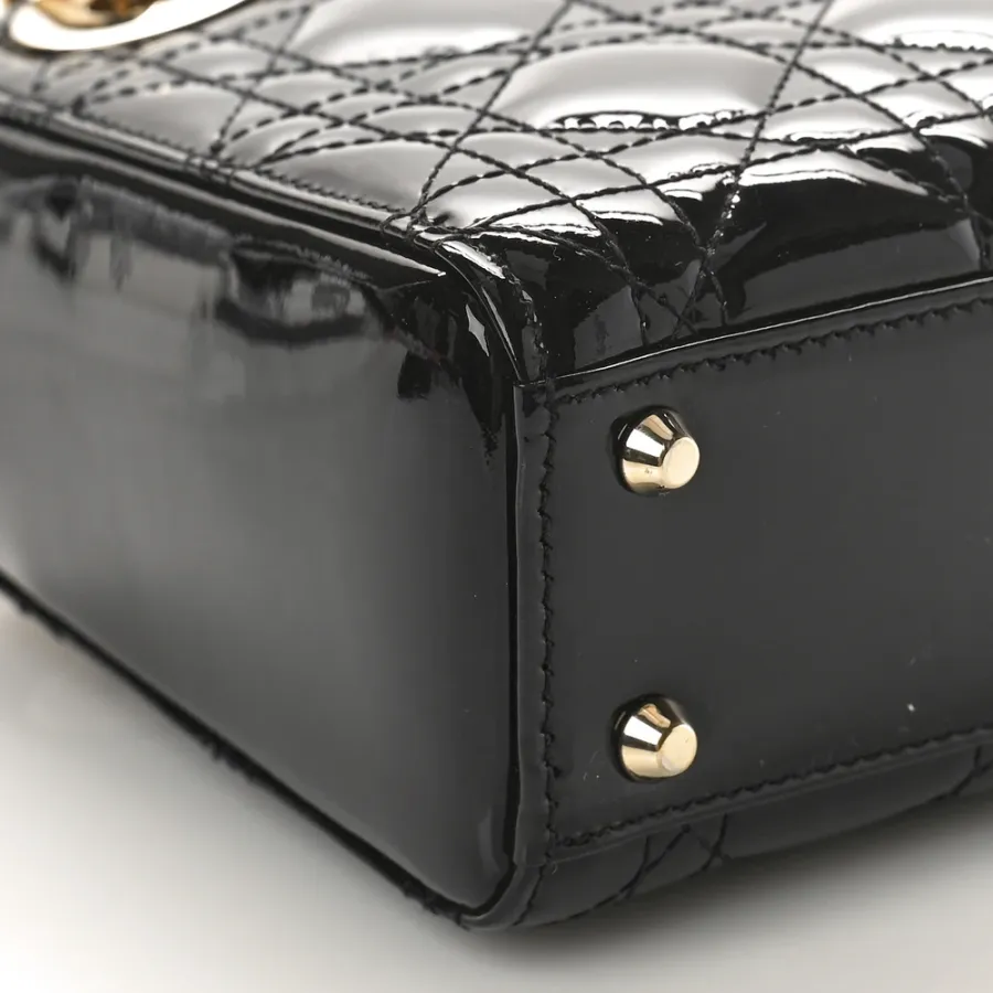 Dior Mini Lady Dior Black Patent Cannage Calfskin Leather Gold Hardware
