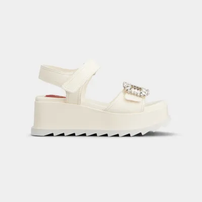 Roger Vivier Slidy Viv' Wedge Sandals In White Calfskin Leather With Crystal Buckle (Heel Height 6.5cm)