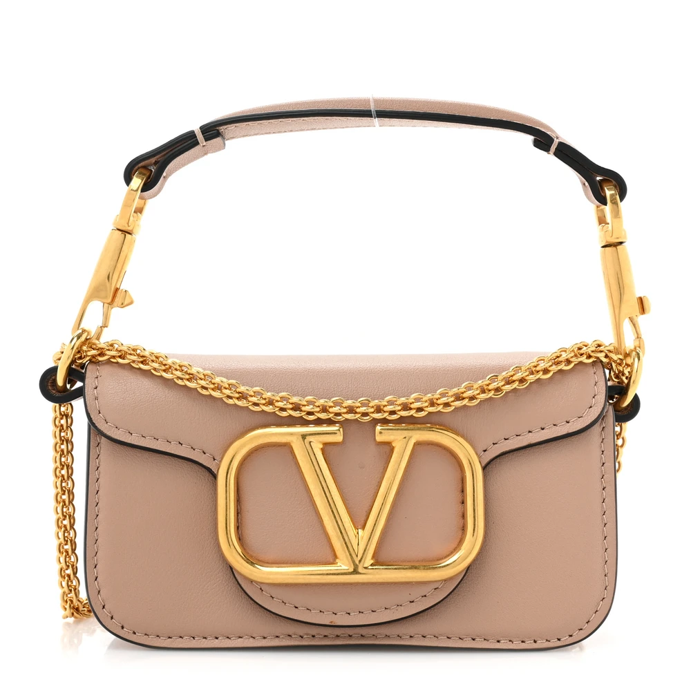 Valentino Garavani Bolsa de Ombro Micro VLogo Locò Couro Bege Calfskin Hardware Dourado