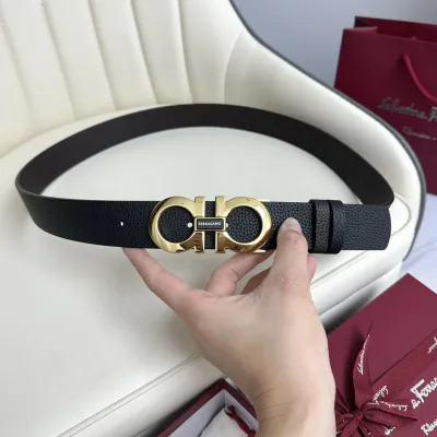 Ferragamo Men's Double Gancini Buckle Belt In Black Grained Calfskin With Gold/Silver/Black Hardware 35mm