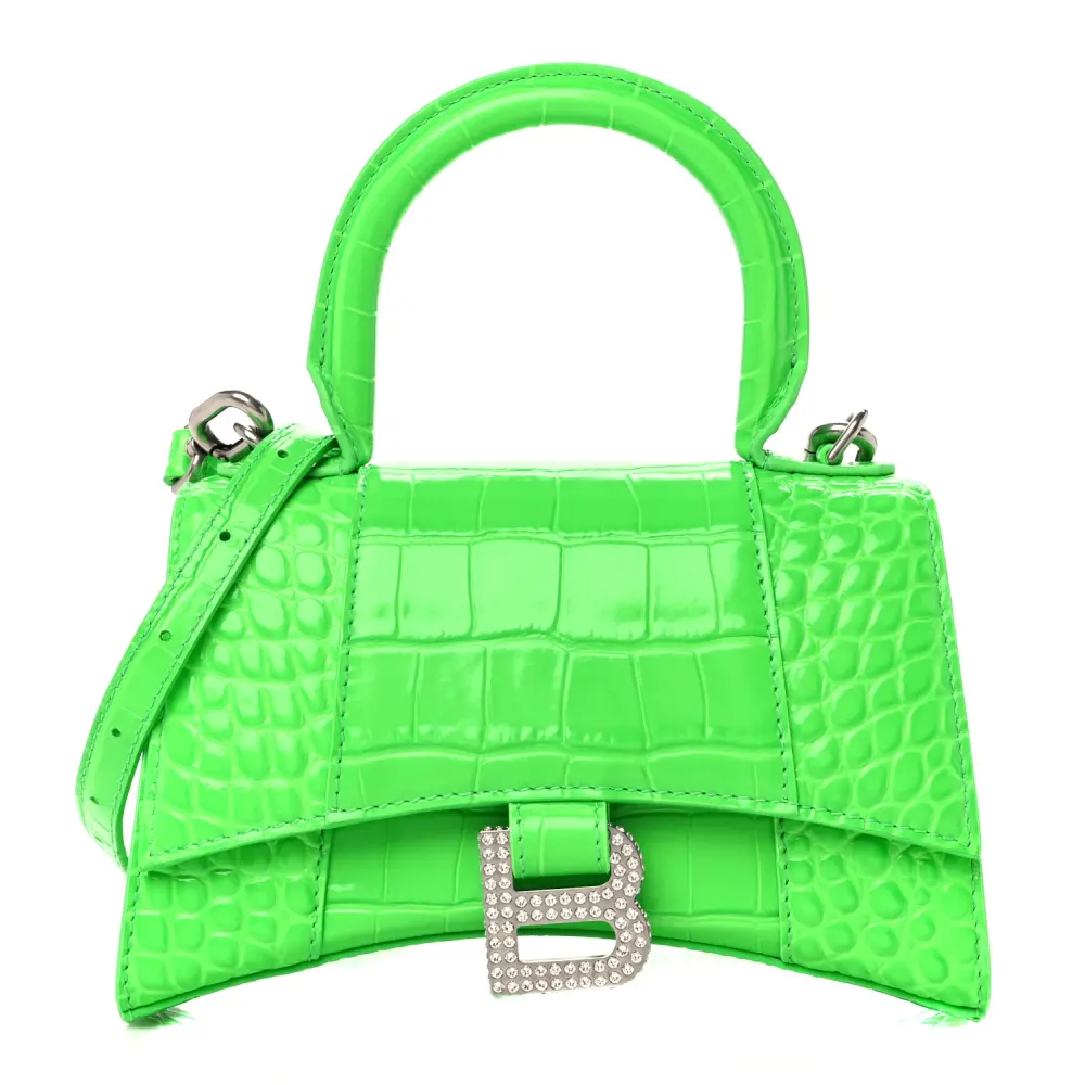 Balenciaga XS Bolsa Ampulheta com Alça Superior Verde Fluo Strass Crocodilo Relevado Couro Bezerro Brilhante Hardware Prateado