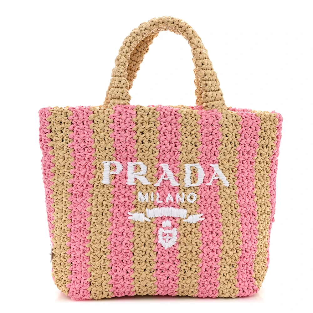Prada Small Effect Crochet Striped Logo Tote Naturale/Petalo Yarn Raffia