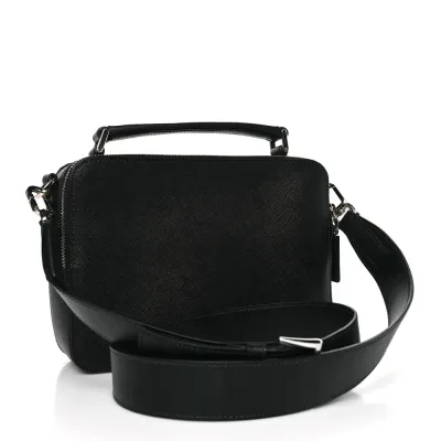 Prada Medium Travel Brique Crossbody Bag Black Saffiano Leather Silver Hardware