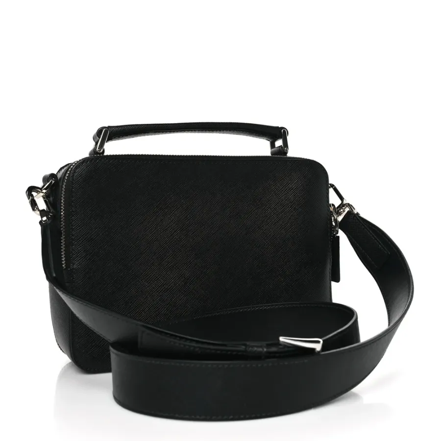 Prada Medium Travel Brique Crossbody Bag Black Saffiano Leather Silver Hardware