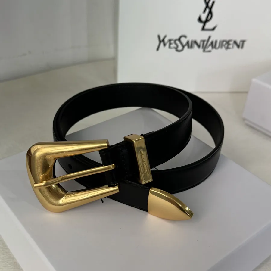 Saint Laurent Folk Buckle Belt In Black Brushed Leather With Gold/Silver Hardware 25mm
