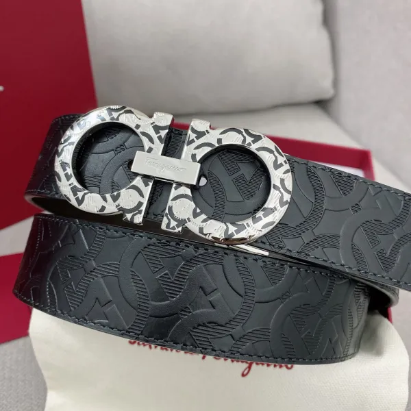 Ferragamo Men's Double Gancini Buckle Belt In Black/Coffee Grained Calfskin With Silver Hardware 35mm - Image 10