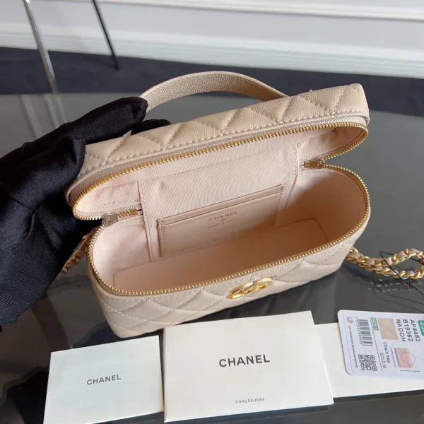 Chanel Apricot color / Yellow / Pink / white / Grey / Black  Quilted Caviar Leather handle makeup bag handbag - Image 5