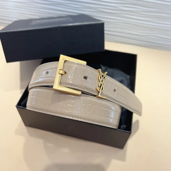 Saint Laurent Cassandre Belt In Black/Beige/Green Crocodile-Embossed Leather With Gold Hardware 30mm - Image 6