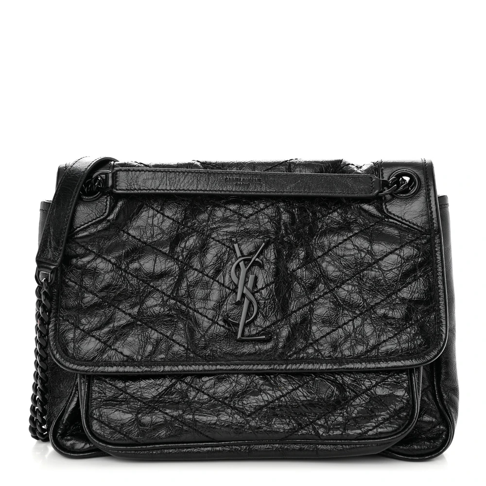 Saint Laurent Bolsa Niki Chain Satchel Média em Couro Calfskin Monogramado Enrugado Preto com Acabamento Matelassê e Hardware Preto