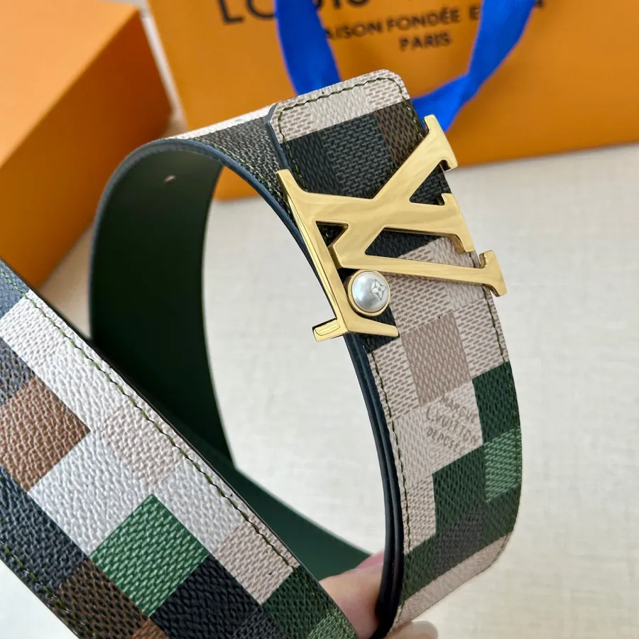 Louis Vuitton Men's Initiales Pearls Reversible Belt In Green/Red Damier Canvas With Gold/Silver Hardware 40mm
