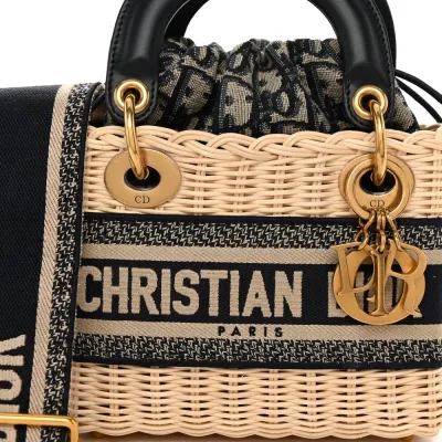 Dior Mini Lady Dior Wicker & Blue Oblique Canvas Gold Hardware