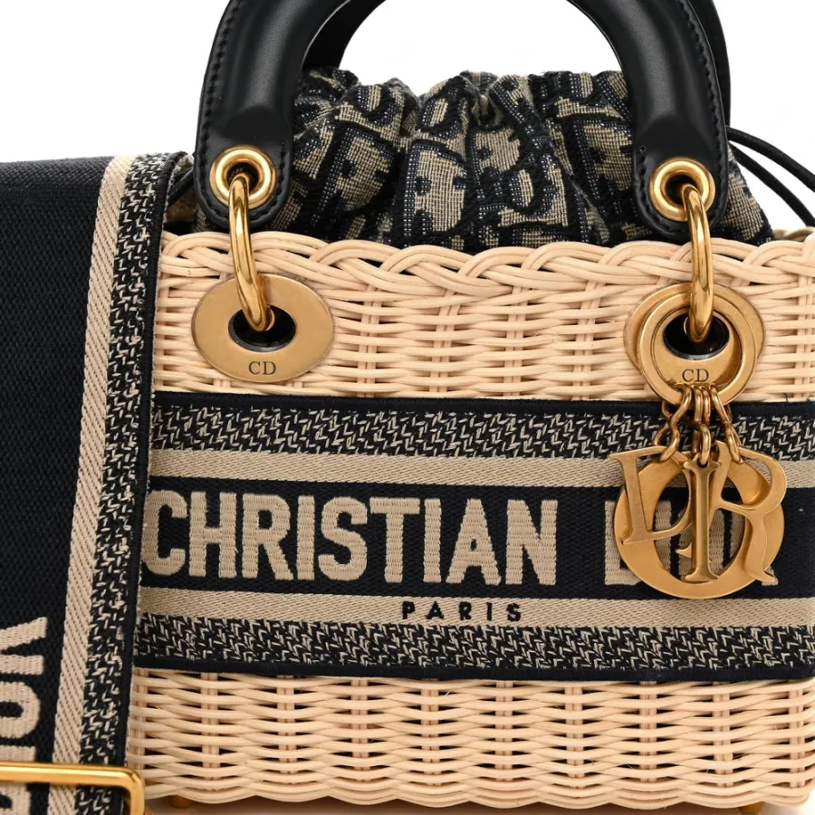 Dior Mini Lady Dior Wicker & Blue Oblique Canvas Gold Hardware