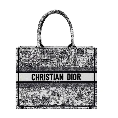 Dior Medium Dior Book Tote White and Black Paris Allover Embroidery