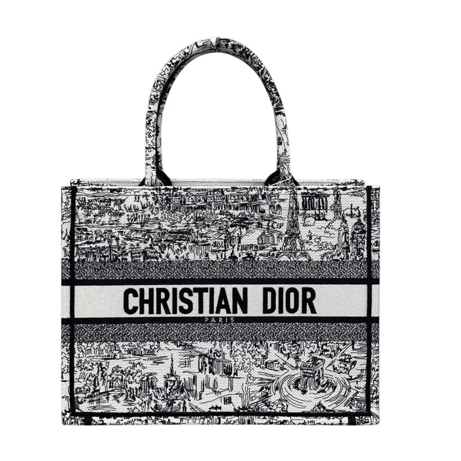 Dior Medium Dior Book Tote White and Black Paris Allover Embroidery