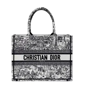 Dior Medium Dior Book Tote White and Black Paris Allover Embroidery