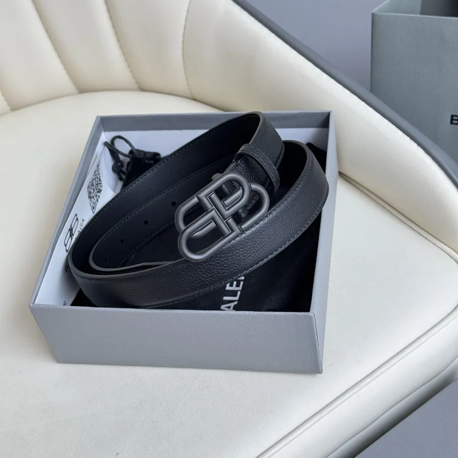 Balenciaga Women's BB Thin Belt In Black Grained Calfskin With Aged-Gold/Silver/Matte Black Hardware 25mm