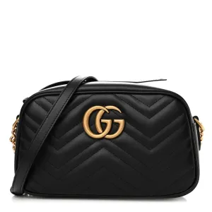 Gucci Small GG Marmont Chain Shoulder Bag Black Calfskin Matelassé Leather Gold Hardware