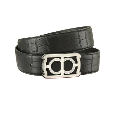 Ferragamo Men's Square Buckle With Crystal Belt In Black Crocodile-Embossed Calfskin With Gold/Silver Hardware 38mm