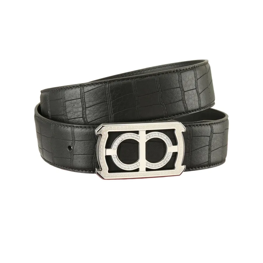 Ferragamo Men's Square Buckle With Crystal Belt In Black Crocodile-Embossed Calfskin With Gold/Silver Hardware 38mm