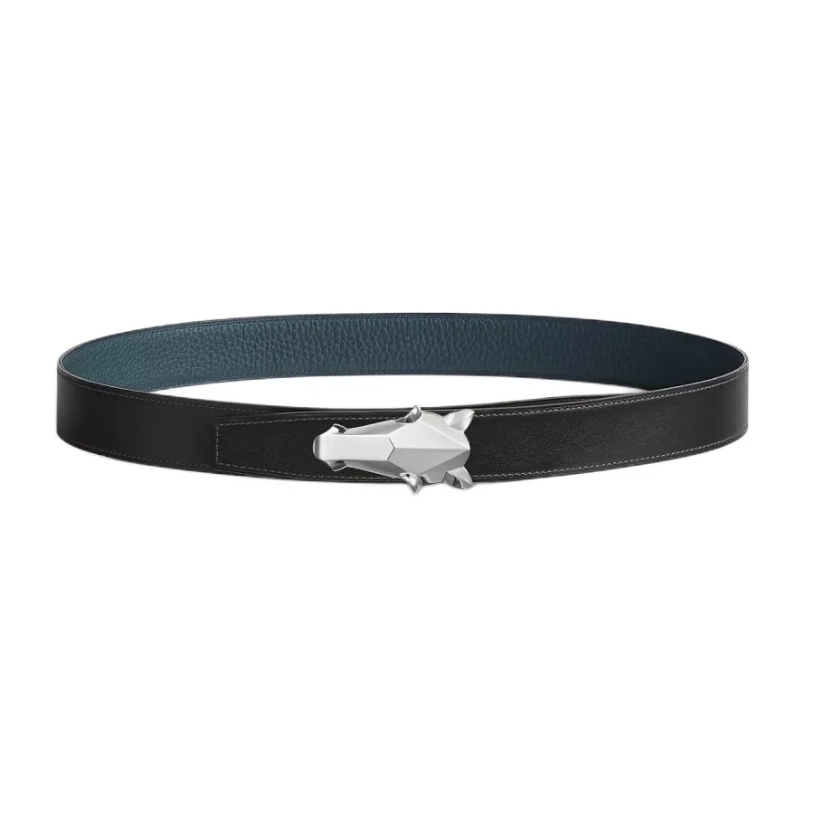 Hermès Men' s Destrier Buckle Reversible Belt In Black/Etoupe/Coffee/Brown/Blue Grained Calfskin With Silver Hardware 32mm