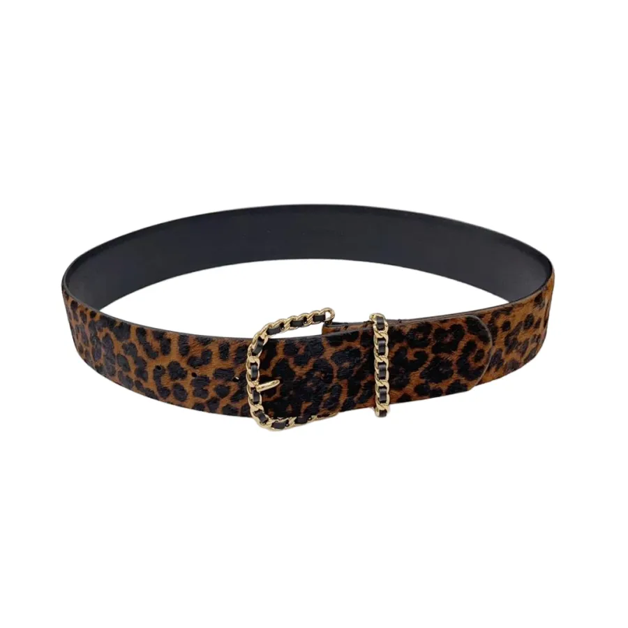 Chanel Women's Chain Buckle Belt In Leopard Calfskin With Gold Hardware 50mm