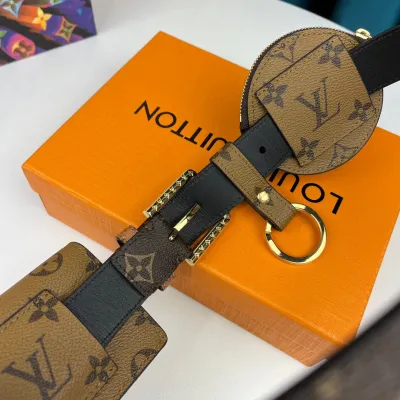 Louis Vuitton Women's Daily Mult Pocket Belt In Black Calfskin And Monogram Canvas With Gold Hardware 30mm