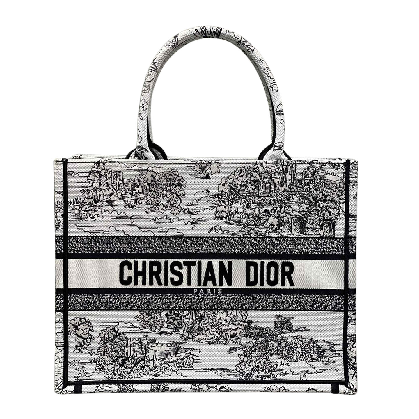 Dior Medium Dior Book Tote Branco com Bordado em Preto do Motivo Toile de Jouy Escócia