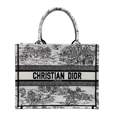 Dior Medium Dior Book Tote White Embroidery with Black Toile de Jouy Scotland Motif Embroidery