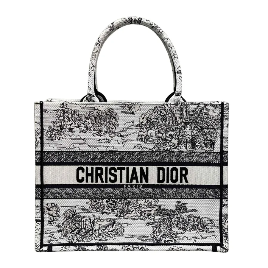 Dior Medium Dior Book Tote White Embroidery with Black Toile de Jouy Scotland Motif Embroidery