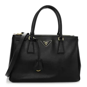 Prada Small Galleria Double Zip Tote Black Saffiano Leather Brass Hardware