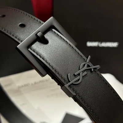 Saint Laurent Cassandre Belt In Black/Coffee Smooth Calfskin With Black/Gold/Silver Hardware 30mm