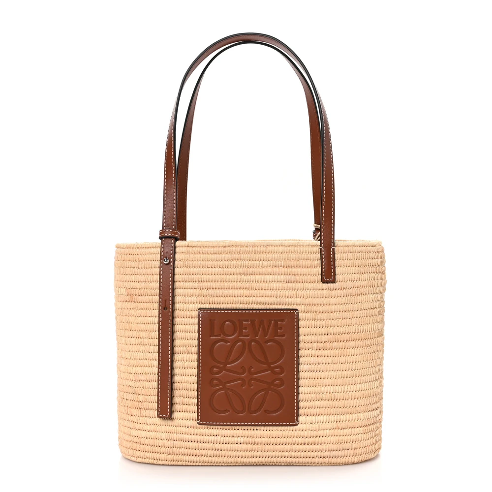 Loewe Square Basket Tote Bag Small Natural/Pecan Raffia & Couro de Bezerro