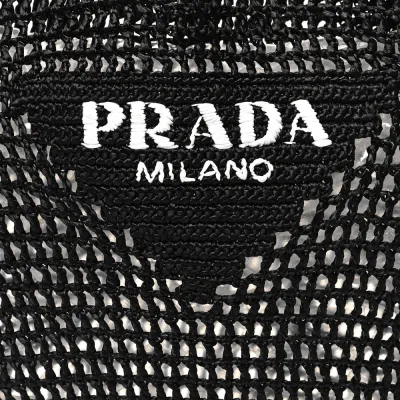 Prada Large Effect Logo Embroidered Shopping Crochet Tote Bag Black Yarn Raffia