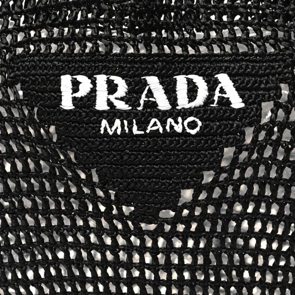 Prada Large Effect Logo Embroidered Shopping Crochet Tote Bag Black Yarn Raffia - Image 8