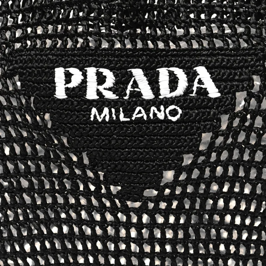 Prada Large Effect Logo Embroidered Shopping Crochet Tote Bag Black Yarn Raffia