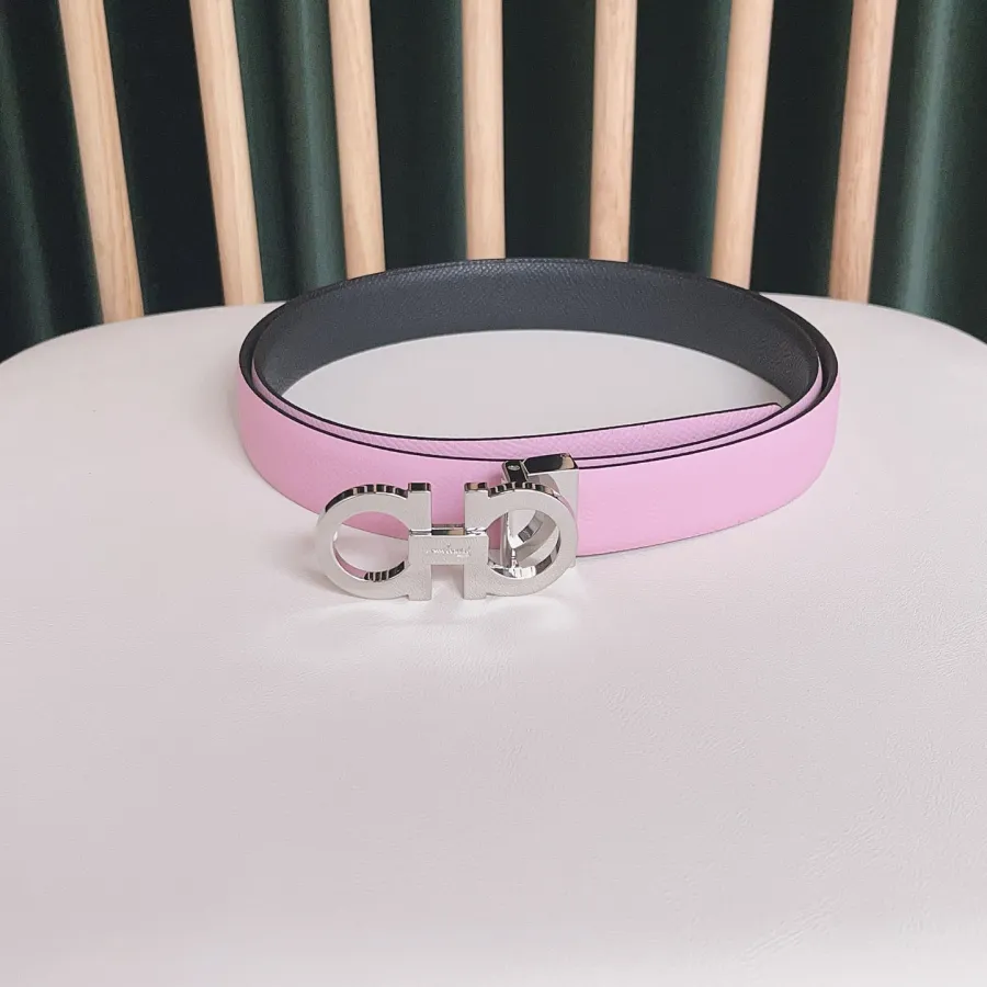 Ferragamo Women's Reversible Double Gancini Belt In Pink/Blue/Pale Pink Calfskin With Gold/Silver Hardware 25mm