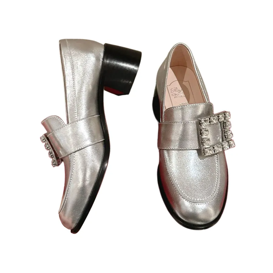 Roger Vivier Viv' Rangers Loafers In Silver Leather With Crystal Buckle (Heel Height 5.5cm)