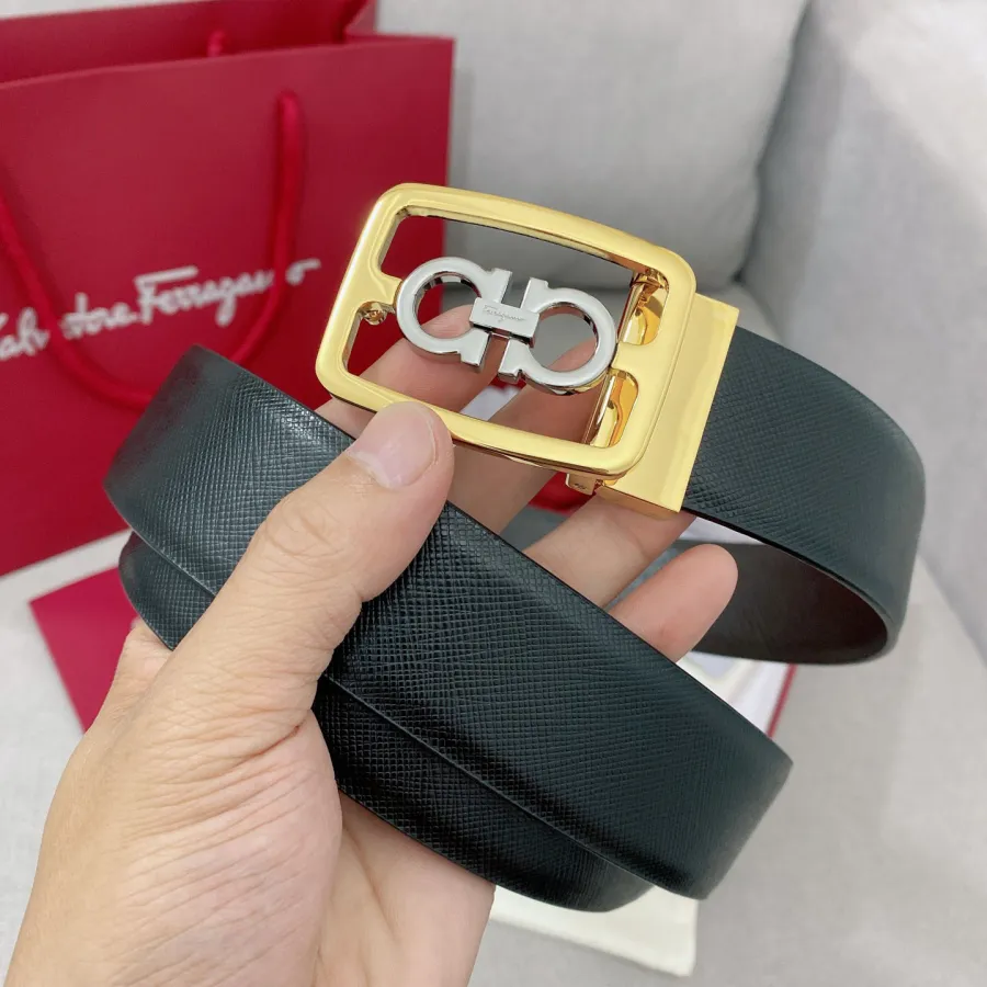 Ferragamo Men's Square Buckle Belt In Black/Coffee Grained Calfskin With Gold/Silver Hardware 35mm